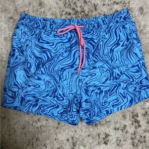 Blue Patterned Men's Swim Trunks with Pink Drawstring
